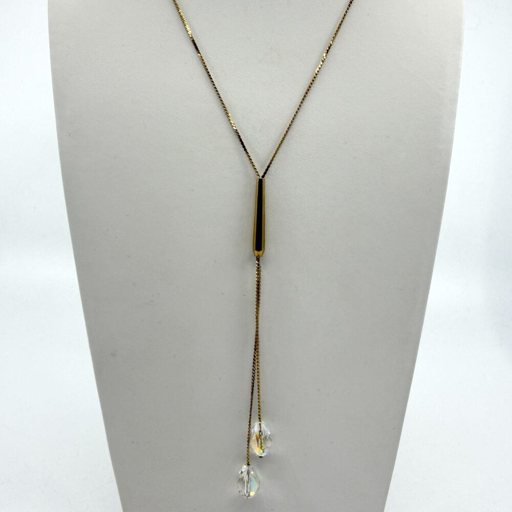 Gold Tone Y-Necklace Crystal Teardrop Dangle Charm Minimalist Boho Elegant Gift